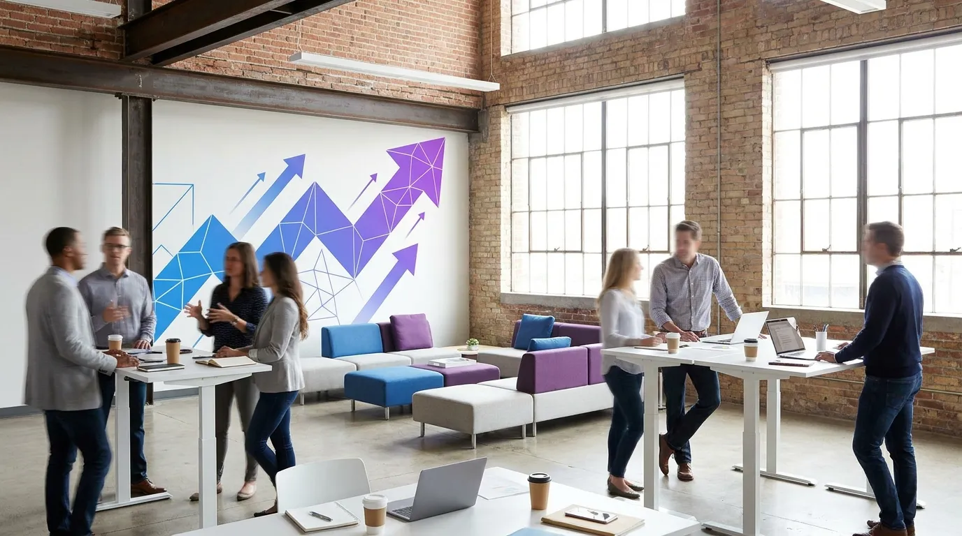 Loft-Büro mit Ziegelwänden, an der Wand eine grossflächige Grafik aus aufsteigenden blauen und violetten Pfeilen, davor Menschen an Stehtischen.